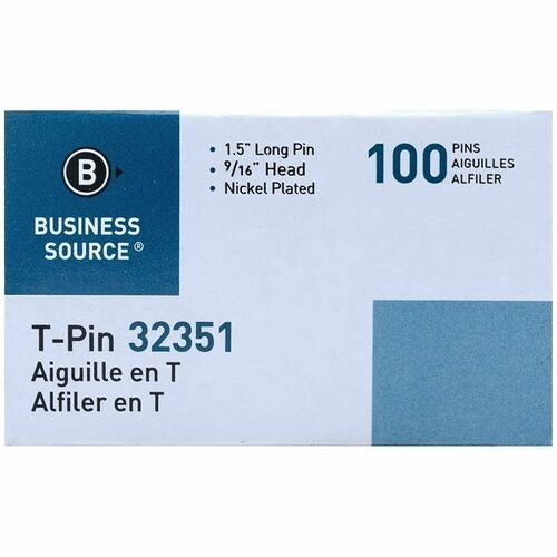 BUSINESS SOURCE Business Source BSN32351 Steel T-pins Nickel Finish 100 Pack