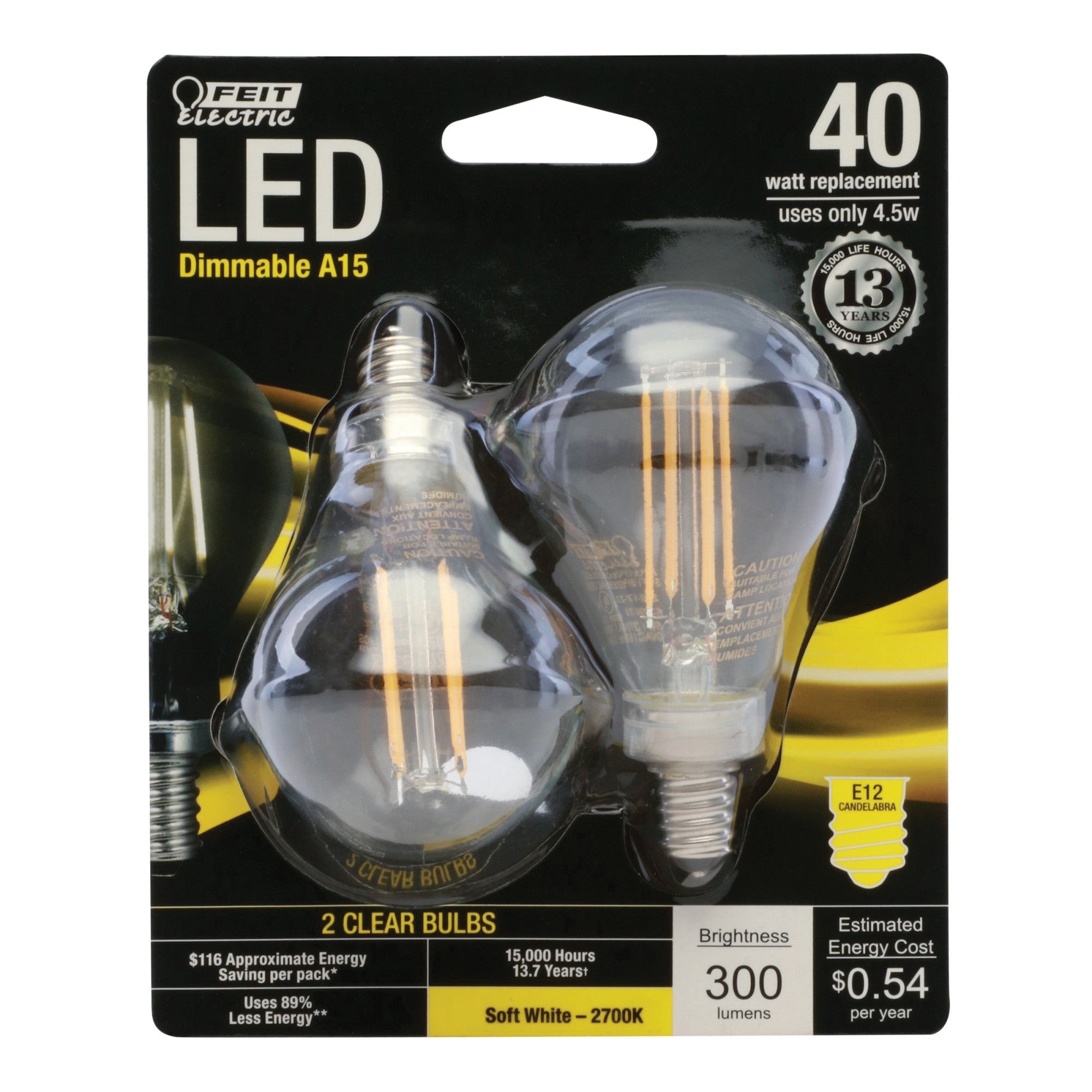 FEIT ELECTRIC Feit Electric BPA1540C/827/LED/2 A15 Filament LED Bulb 4.5W (2-Pack) 40W Equivalent