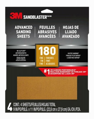 3M 3M Company 20180-G-4 Sandpaper 180 Grit 9x11 Inches 4 Pack