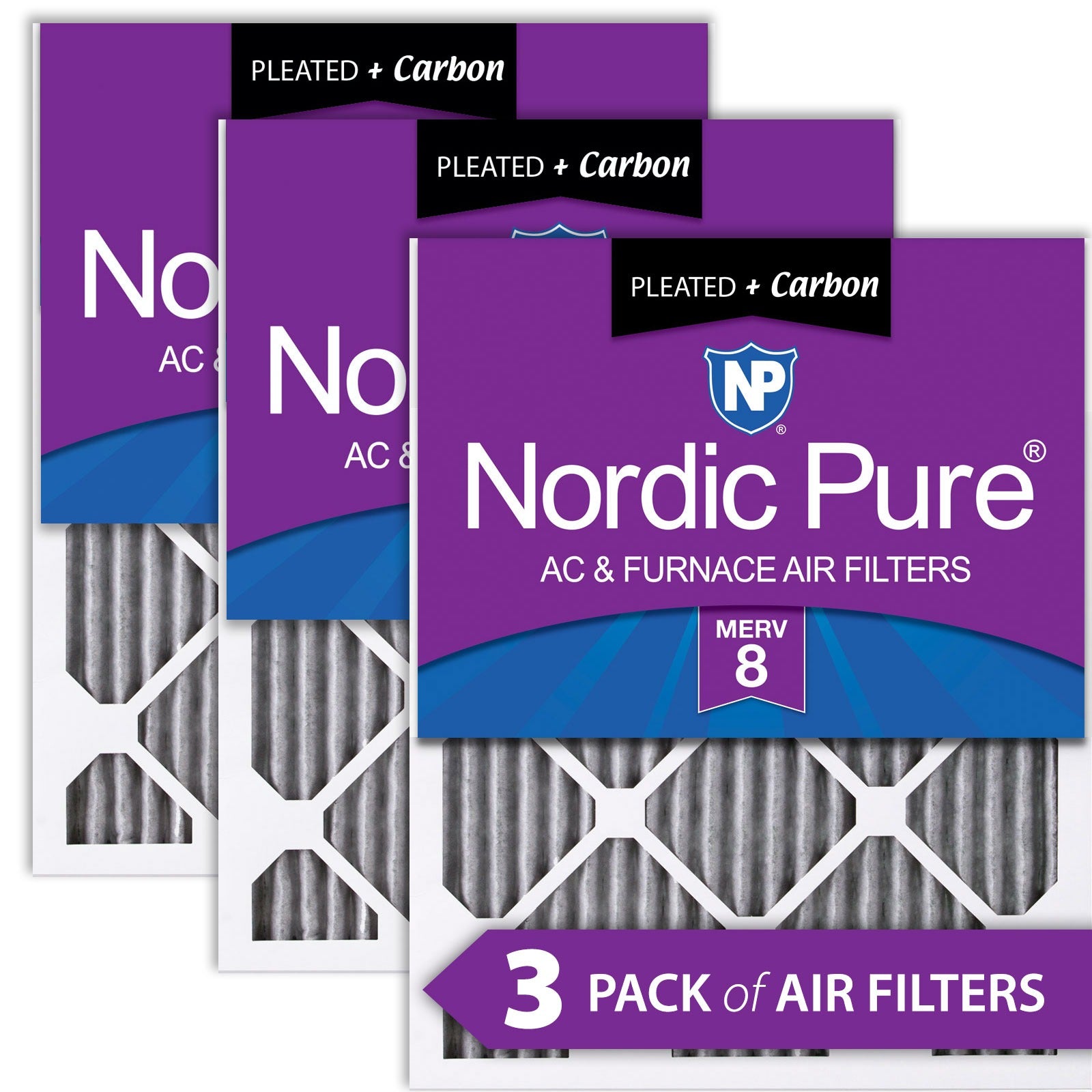NORDIC PURE Nordic Pure 14x25x1PM8C-3 Merv 8 Carbon Air Filter 3 Pack