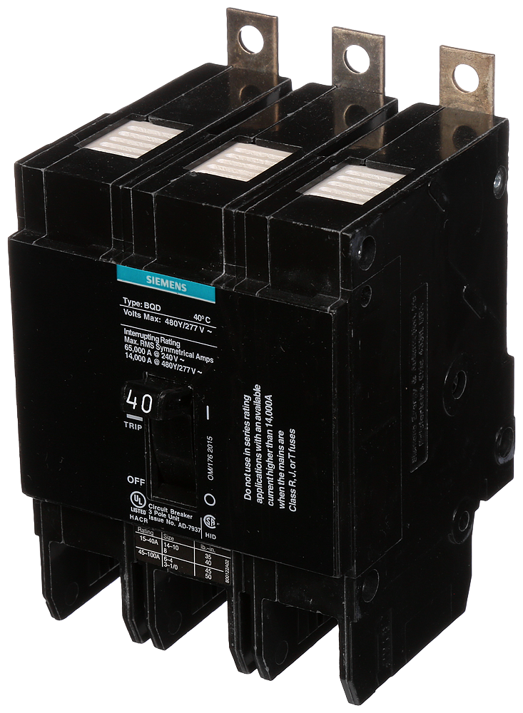 Siemens BQD340 3-Pole 40 Amp 480 VAC 14 kA Molded Case Circuit Breaker