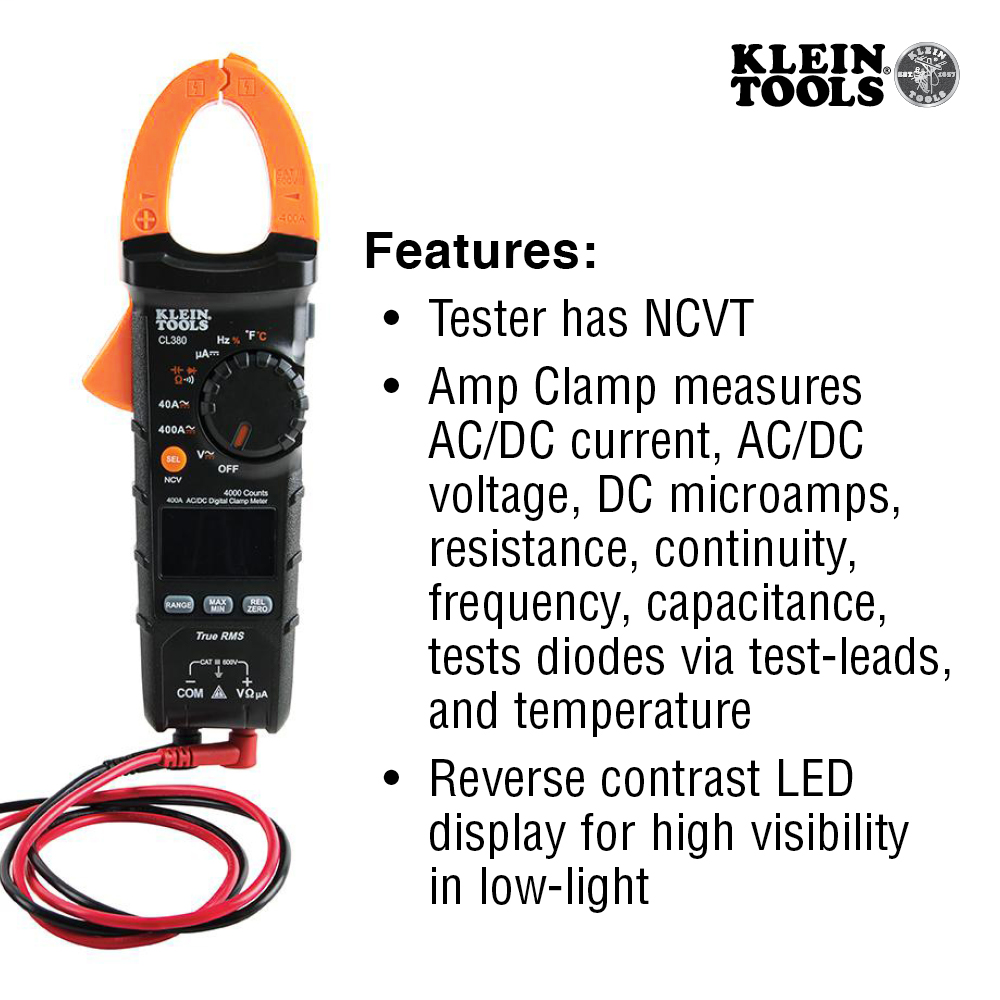 Klein CL380 AC/DC Digital Clamp Meter, 400A