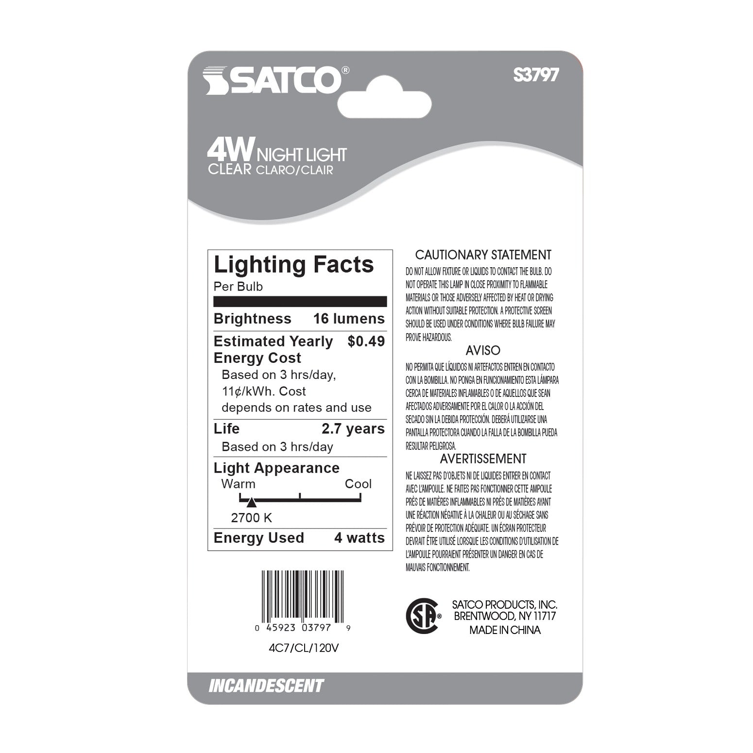SATCO Satco S3797 4 Watt C7 Incandescent (2-Card)