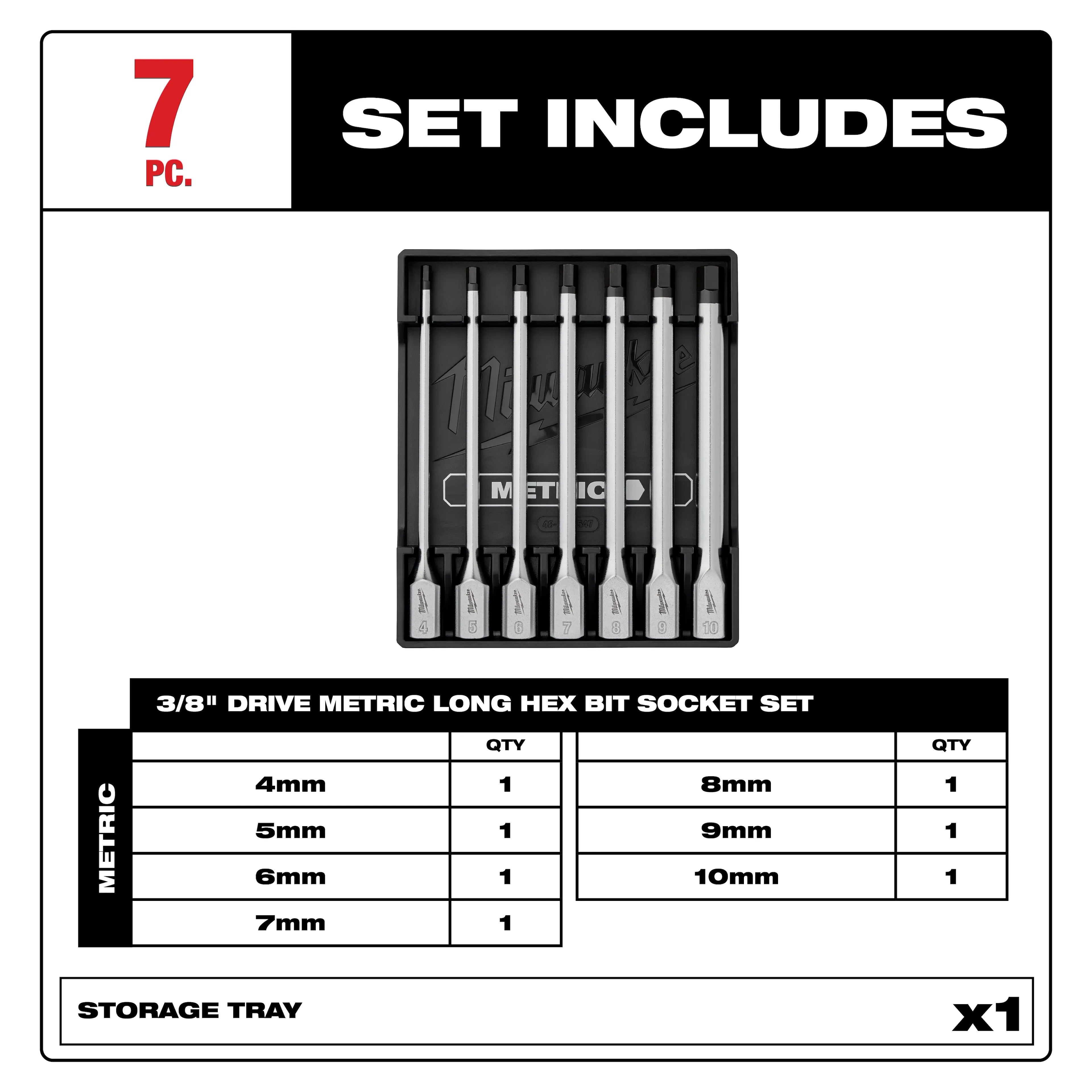 MILWAUKEE Milwaukee 48-22-9547 3/8 in Drive Long Hex Bit Socket Set (7 Piece Metric)