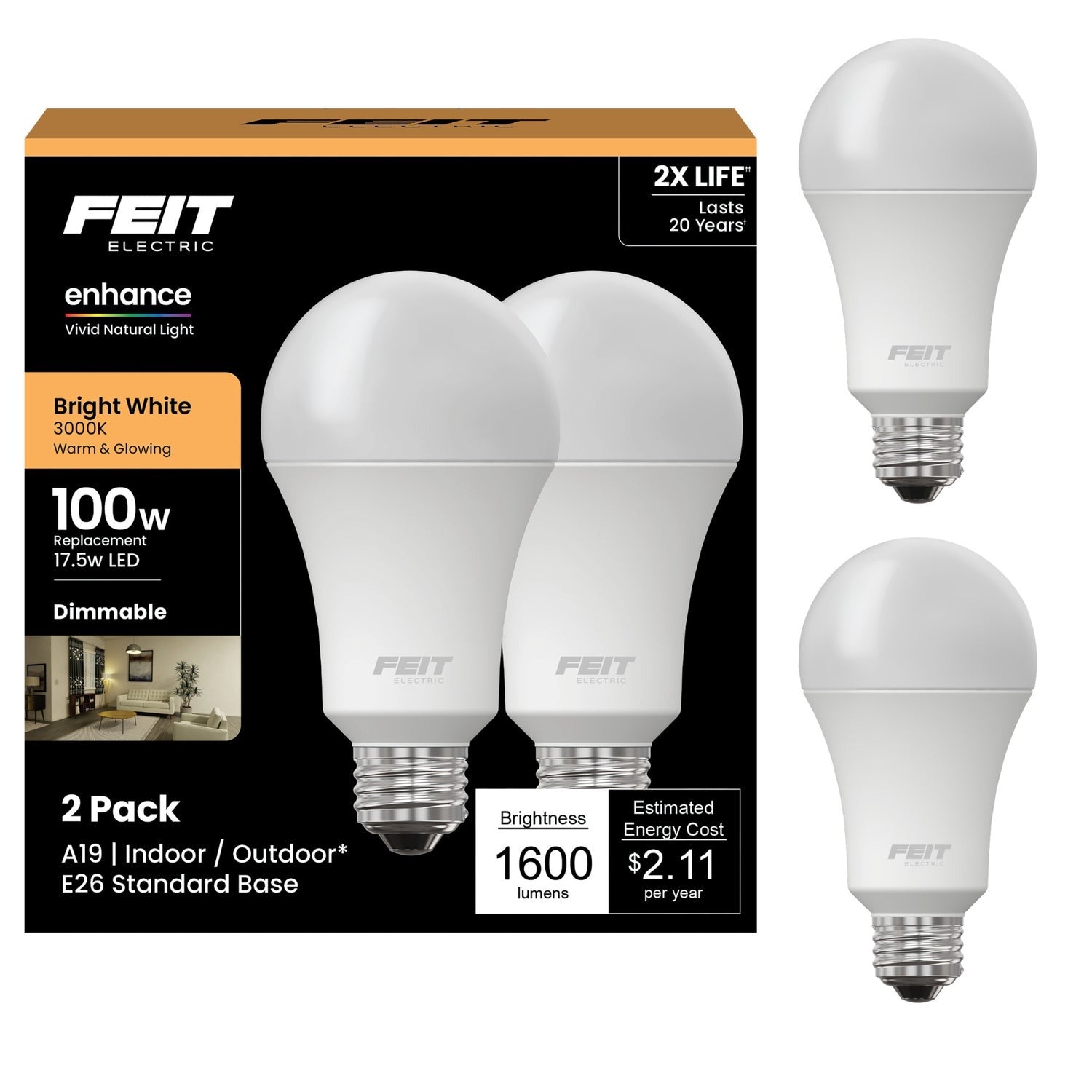 FEIT ELECTRIC Feit Electric OM100DM/930CA/2 A19 100W equivalent LED bulb 17.5W (2 pack) OM100DM/930CA/2