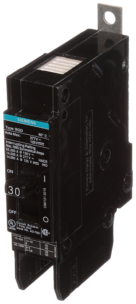 Siemens BQD130 1-Pole 30 Amp 277 VAC 14 kA Circuit Breaker