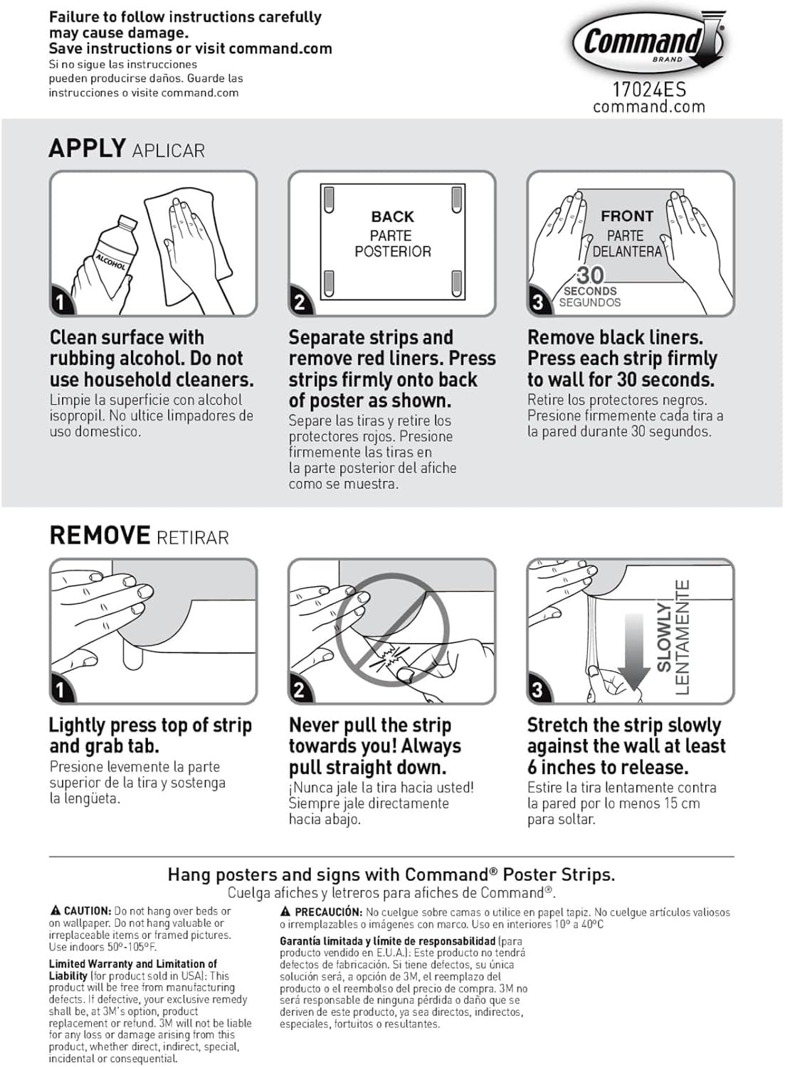 3M 3M MMM17024CABPK Command poster strips holds up to 1 lb per pair (0.63 x 1.75, 4/Pack) 17024CABPK