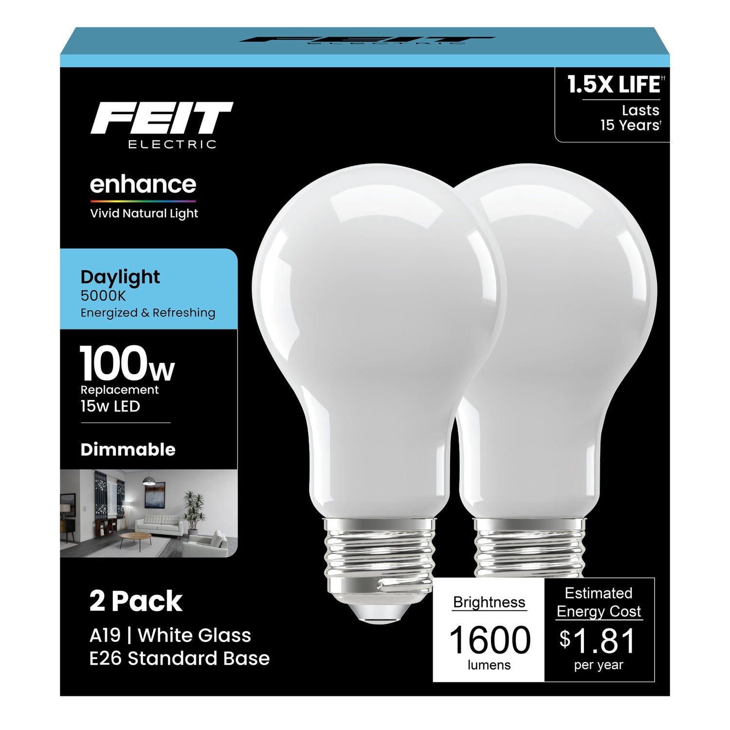 FEIT ELECTRIC Feit Electric A100/950CA/FIL/2 A19 Frosted Dimmable LED Light Bulb 15W (2-Pack) 100W Replacement