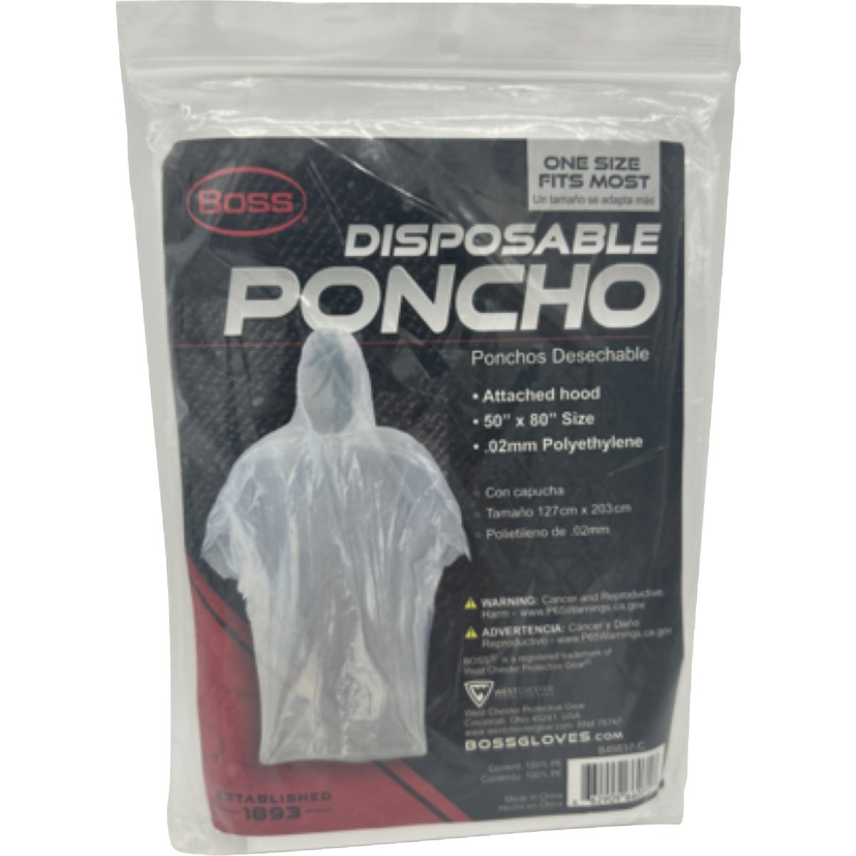 BOSS PRODUCTS Boss B49837-C Clear Disposable Poncho with Hood
