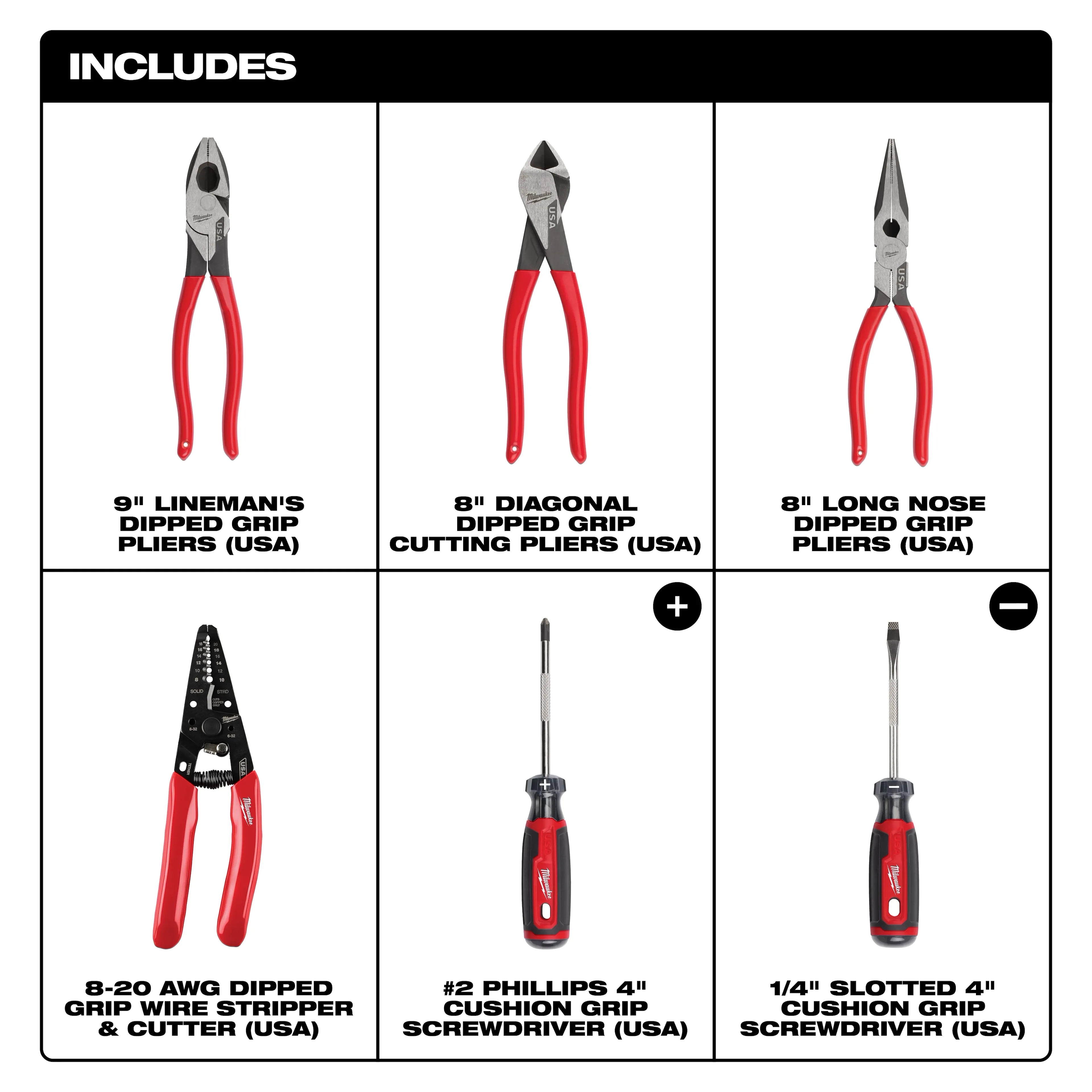 MILWAUKEE Milwaukee MT500-6 Dipped Grip Cutting Pliers, Wire Stripper & Cushion Grip Screwdrivers Set (6-Piece)