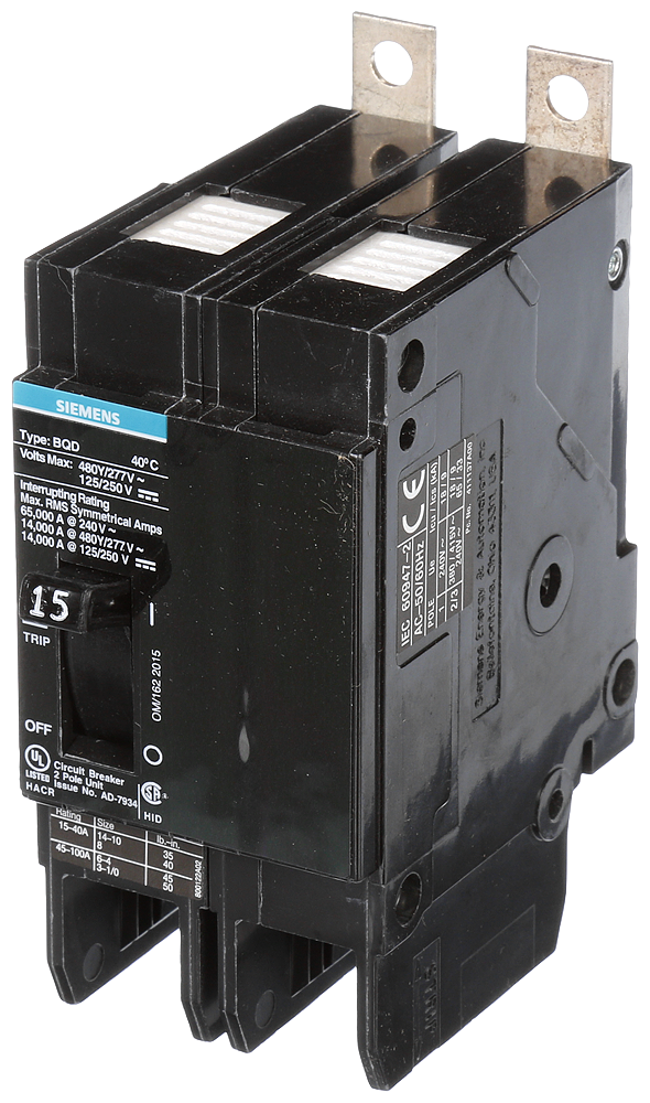 Siemens BQD215 Type BQD Molded Case Circuit Breaker 15 Amp 480 VAC 14 kA Circuit Breaker