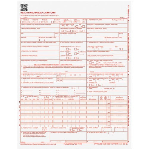 TOPS Tops TOP50126RV CMS-1500 Claim Form Red Ocr Ink 500 Pack