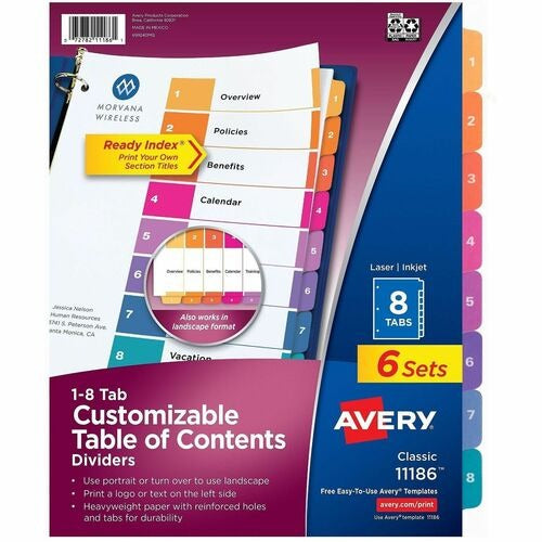 AVERY Avery AVE11186 Ready Index Tab Dividers 1-8 Tabs Pack of 6