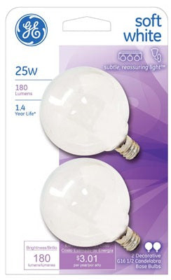 GE G E Lighting 44412 Globe Bulb 25W G16 1/2 Candelabra 2 Pack