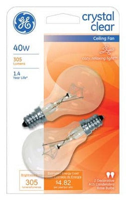 GE Ge Lighting 71393 A15 40W Clear Candelabra Ceiling Fan Bulb 2pk