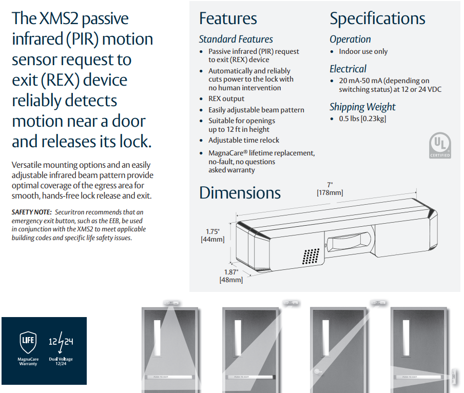 SECURITRON Securitron XMS2 Passive Infrared Motion Sensor Request to Exit Device 12/24 VDC (7.125 x 1.75 x 1.87 in) SN-XMS2