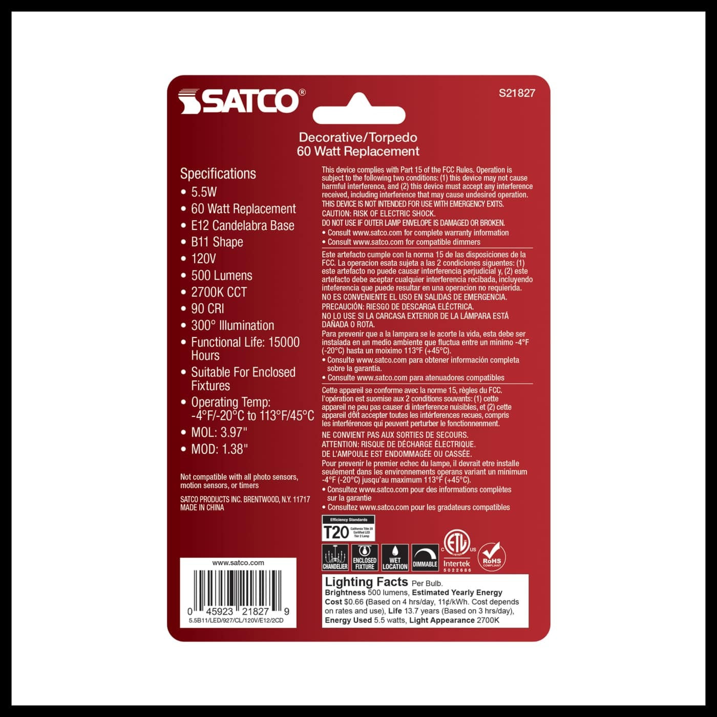 SATCO-NUVO Satco-Nuvo S21827 B11 LED Filament Bulb 5.5W (2-Pack)