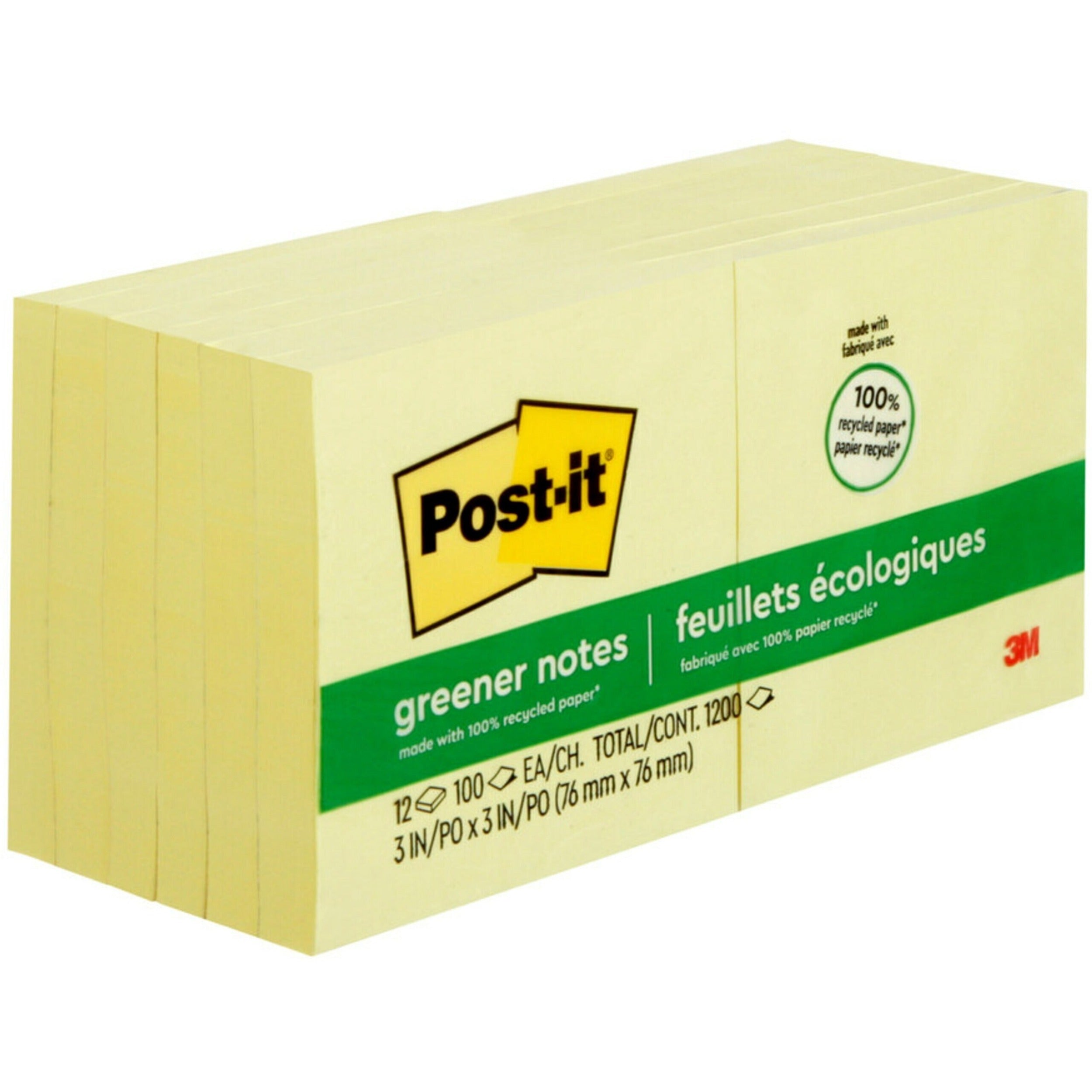 3M 3M MMM654RPYW Post-it Greener Notes 3 x 3 Inches 12 Per Pack
