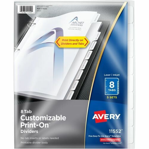 AVERY Avery AVE11552 Print-on Dividers 8.5x11 8 Tabs Pack of 5
