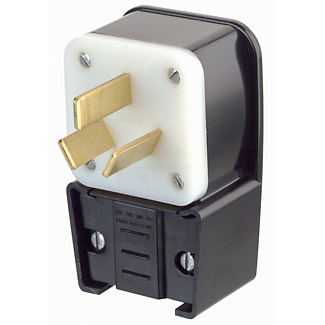 Leviton 9450-P 50 Amp 125/250 Volt NEMA 10-50P 3-Pole 3 Wire Straight Blade Industrial Grade Non-Grounding Black Angle Plug