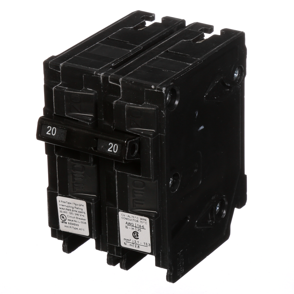 Siemens Q220H 120/240 Volt 20 Amp 22 kaic 2-Pole Type QPH Circuit Breaker