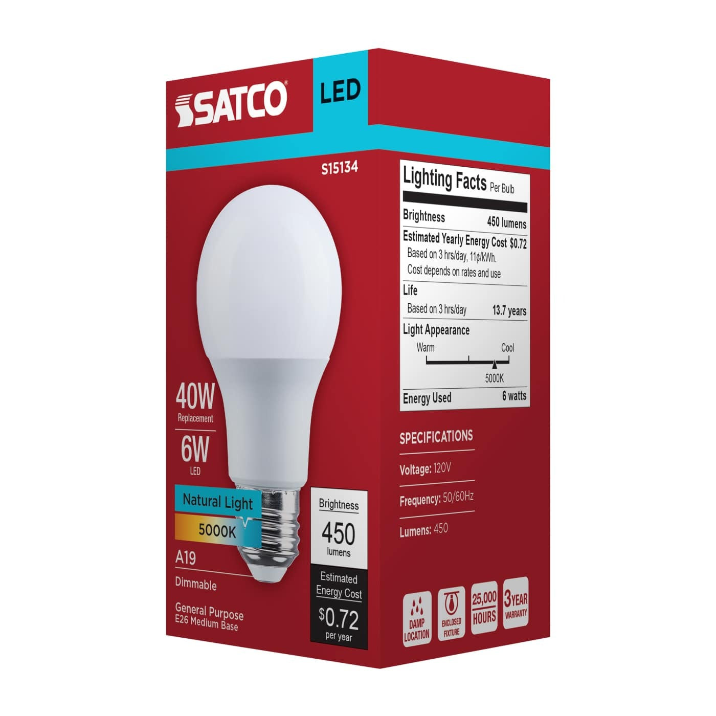 SATCO Satco S15134 A19 LED Lamp 6W (A19/180Â°) S15134