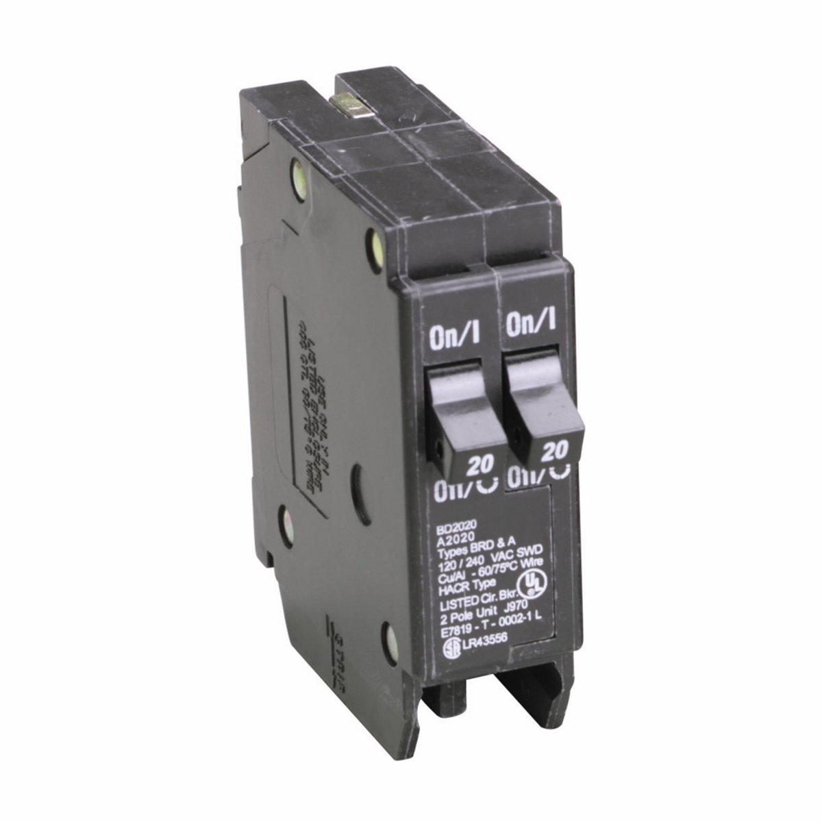 Eaton BD2020 Type BD Duplex Circuit Breaker, 120 VAC, (2) 20 A, 10 kA Interrupt, 1 Pole