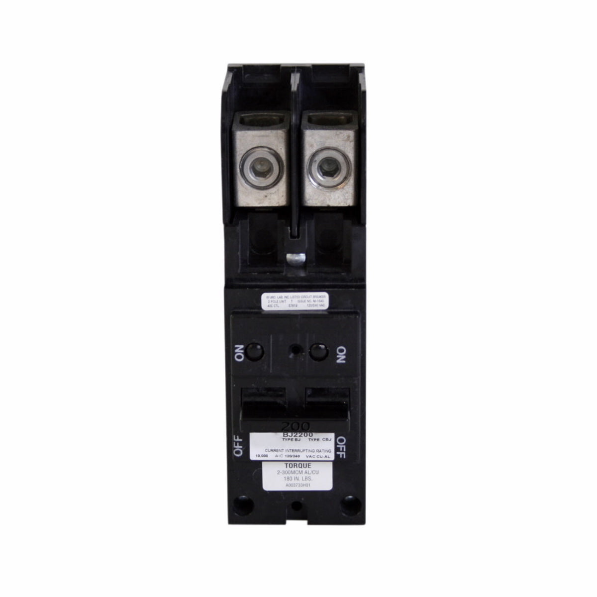 EATON BJ2200 Type BJ Circuit Breaker, 120/240 VAC, 200 A, 10 kA Interrupt, 2 Poles, Common Trip