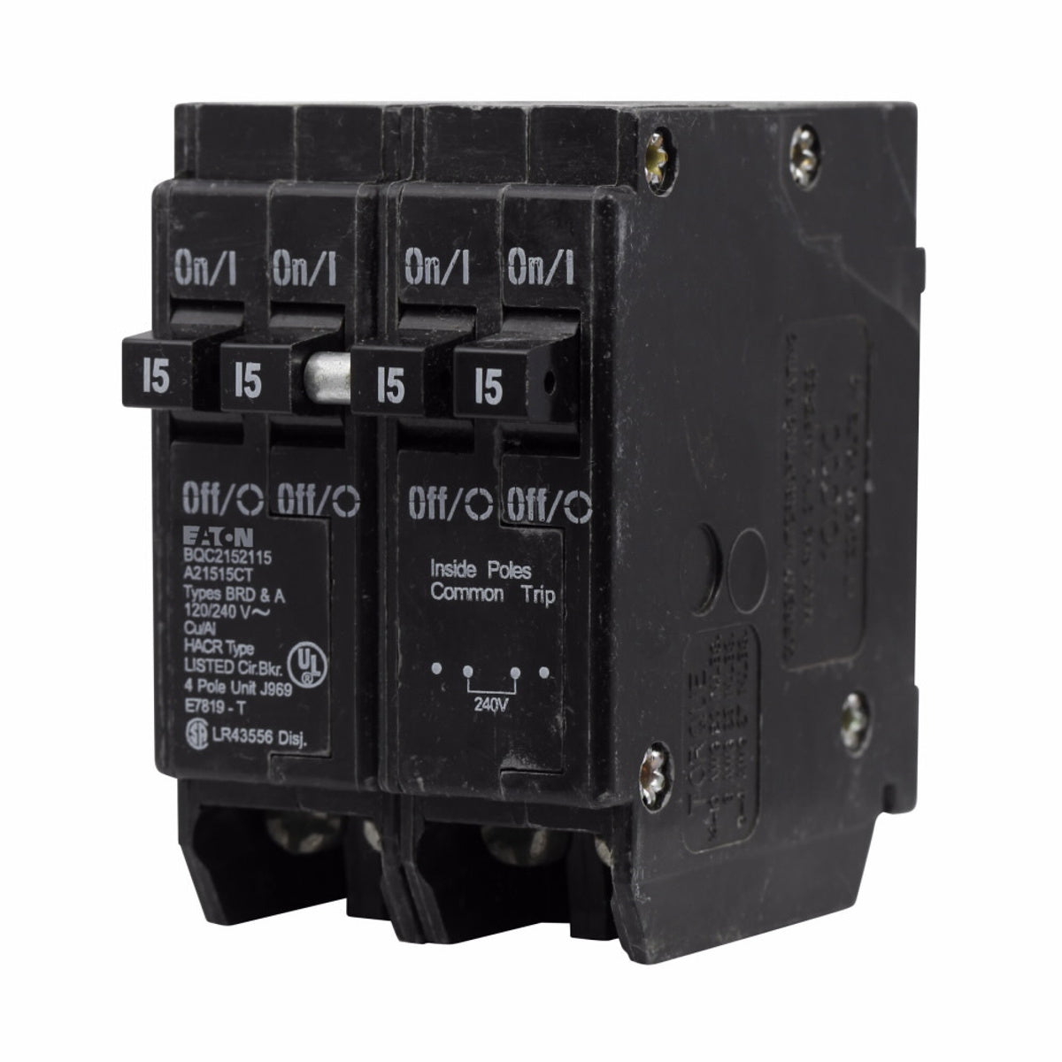 Eaton BQC2402115 Type BD Quadplex 1-Inch CTL Plug-On Thermal-Magnetic Circuit Breaker, 240 VAC, (2) Single-Pole 15 Amp (1) Two-Pole 40 Amp, 10 kAIC, 4-Pole