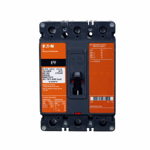 Eaton E2F3030 mining complete molded case circuit breaker, F-frame, E2F, Complete breaker, Non-interchangeable magnetic only trip, 90-300A trip rating, Three-pole