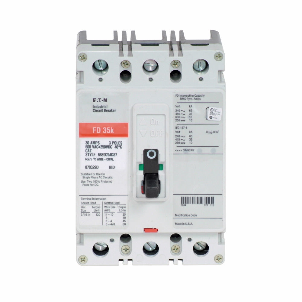 Eaton FD3200L C complete molded case circuit breaker, 600 VAC / 250 VDC, 200 A, 35/65 kA interrupt