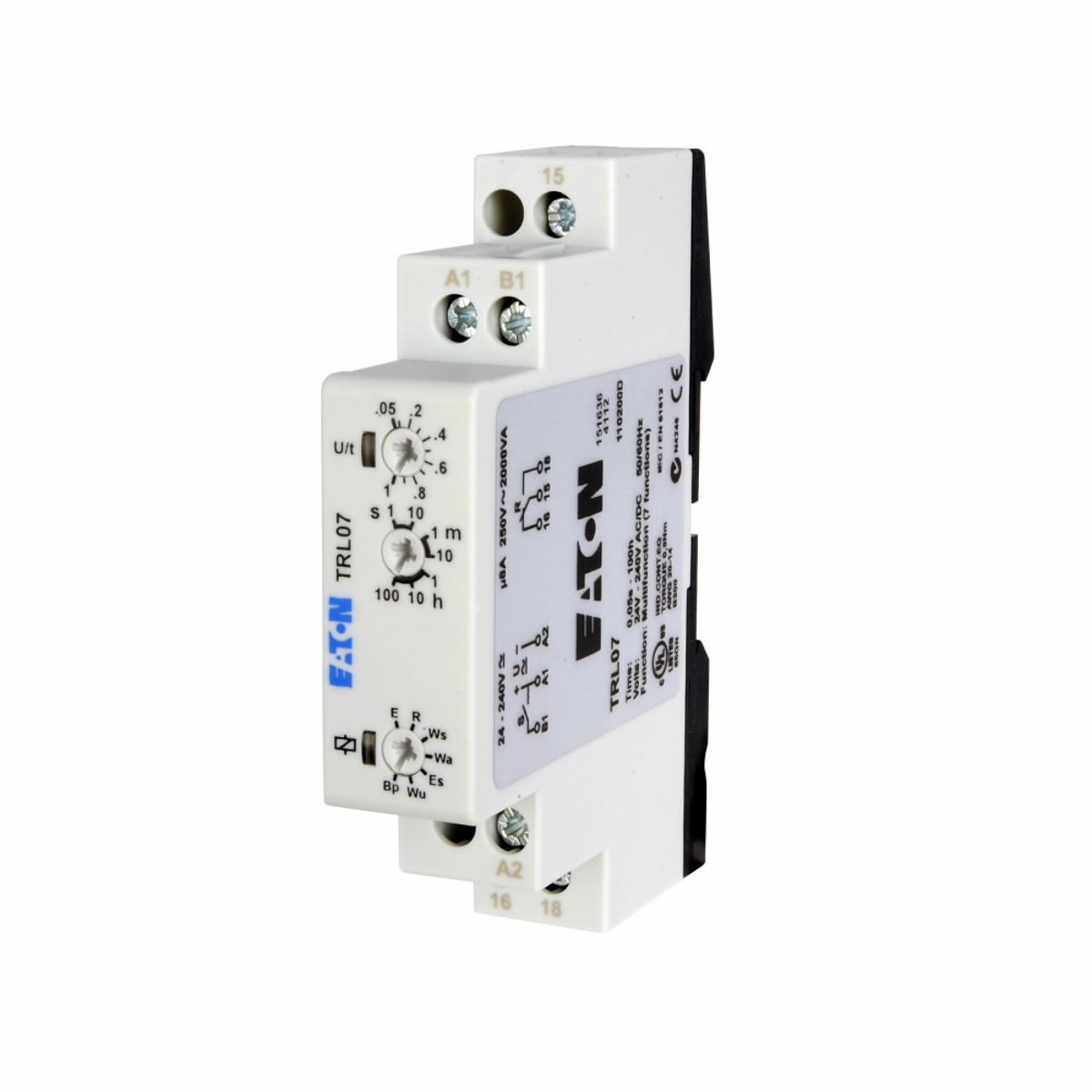 Eaton TRL27 7-function universal TR series timing relay, 0.05 seconds-100 hours time delay, 12-240 Vac/dc input voltage, compact DIN rail mount, DPDT contact