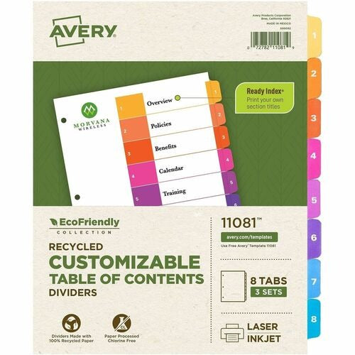 AVERY Avery AVE11081 Index Dividers 8 Tab Recycled Paper