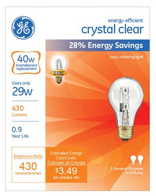 GE G E Lighting 78795 A19 Halogen Bulb 29W Clear 2 Pack