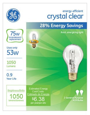 GE G E Lighting 78797 A19 Halogen Bulb 53W Clear 2 Pack