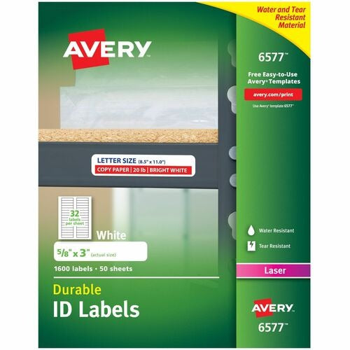 AVERY Avery AVE6577 Polyester Id Labels 5/8x3 in White 1600 Pack