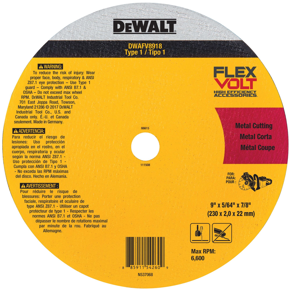 DeWalt DWAFV8918 FLEXVOLT Ceramic Metal Cutoff Wheel Type 1 9 Inch