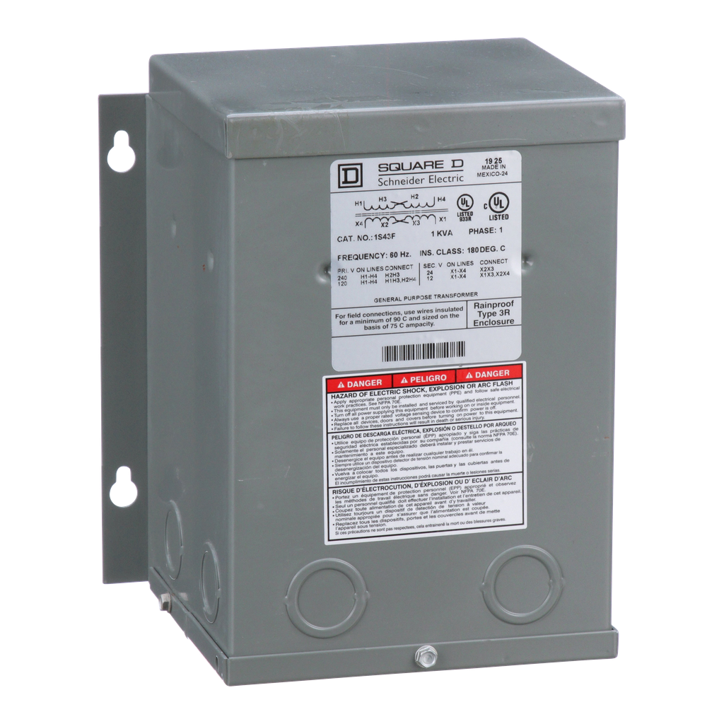 Square D 1S43F 1 kVa 120 x 240 VAC Primary 12/24 VAC Secondary Dry Type Buck and Boost Transformer