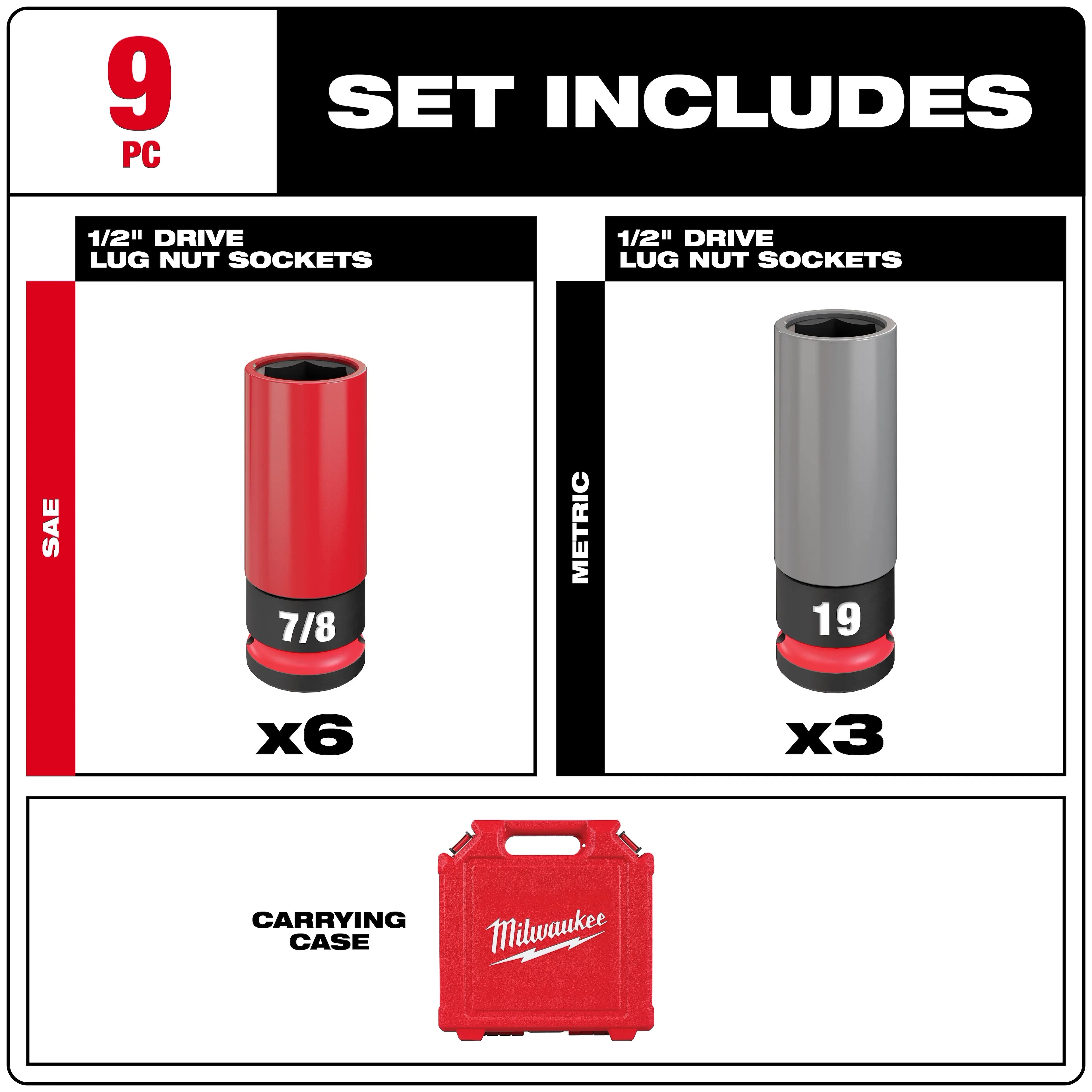 MILWAUKEE Milwaukee 49-66-7832 Shockwave Impact Duty 1/2 Drive 9 Piece Lug Nut Wheel Socket Set