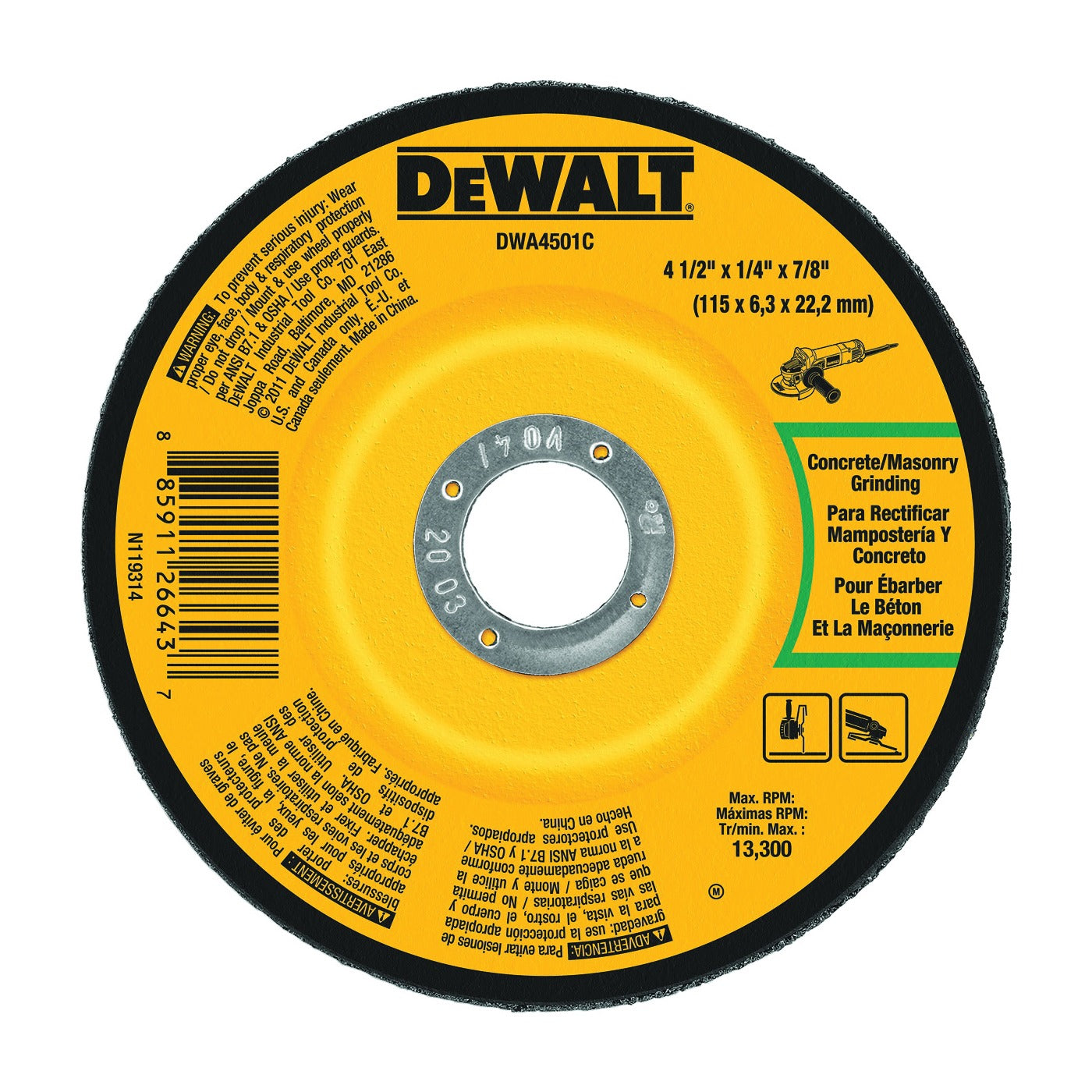 DEWALT Dewalt DWA4501C HP Type 27 Masonry Cut-Off Wheel (4-1/2 in x 1/4 in x 7/8 in)