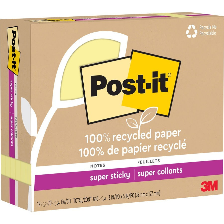 3M 3M MMM655R12SSCY Recycled Super Sticky Notes 3 inches x 5 inches 12/Pack