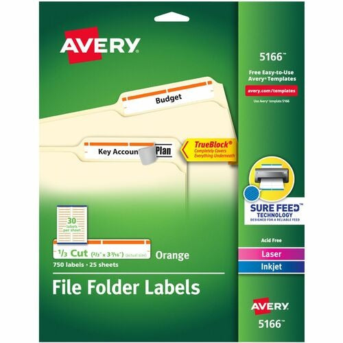 AVERY Avery AVE5166 File Folder Labels Orange 1/3 Cut 750 Pack