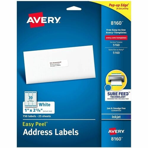 AVERY Avery AVE8160 Inkjet Mailing Labels 1x2-5/8 in 750 Pack