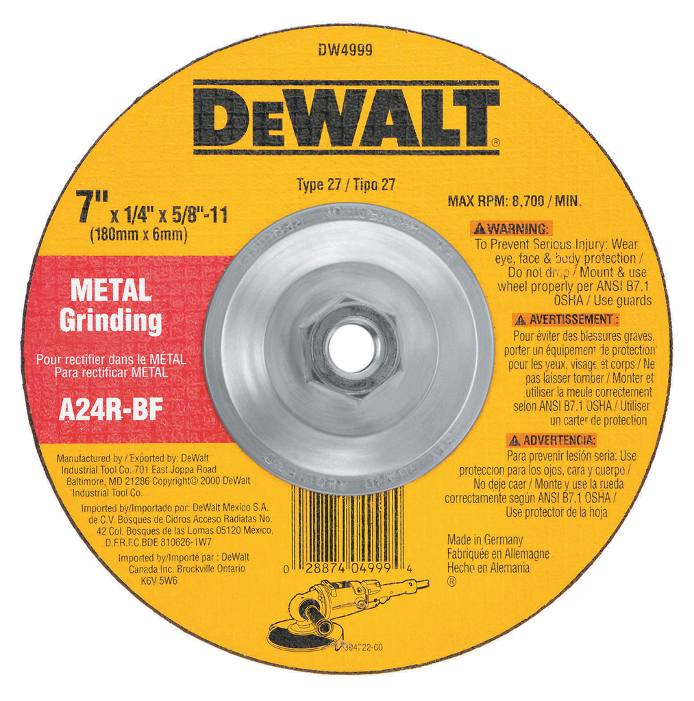 DeWalt DW4999 Type 27 High Performance Metal Grinding Wheel 7 x 1/4 x 5/8-11