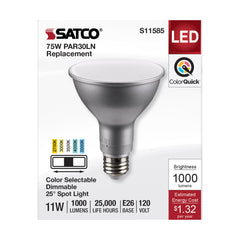 SATCO S11585 PAR Lamp, 11 W, 75 W Incandescent Equivalent, E26 Medium Lamp Base LED Lamp, PAR30LN Shape, 1000 Lumens