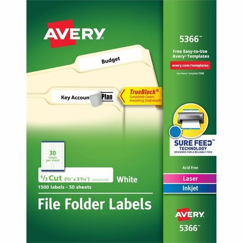 AVERY Avery AVE5366 File Folder Labels 1/3 Cut Box of 1500