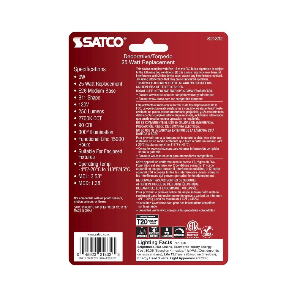 SATCO Satco S21832 B11 LED 3W 2-Pack (25W Replacement)