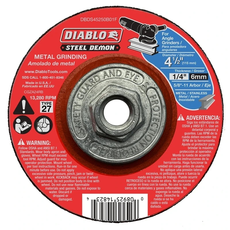 DIABLO Diablo 369739 Steel Demon Type 27 Metal Grinding Cut Off Wheel 4-1/2 in x 1/4 in x 5/8 in-11