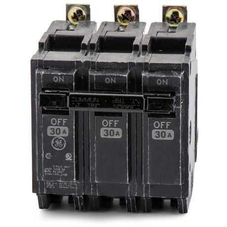 GE THQB32030 THQB Miniature Circuit Breaker, 120/240 VAC, 30 Amp, 10 kA Interrupt, 3 Poles, LI/Non-Interchangeable Thermal Magnetic Trip