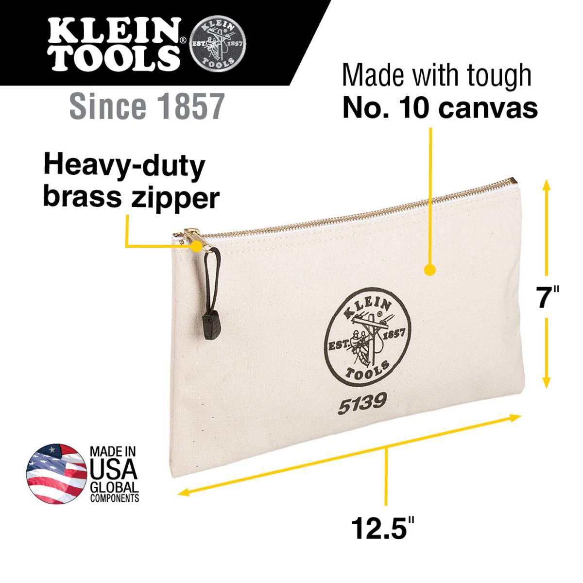 Klein 5139 Canvas Zipper Bag 12.5 x 7 x 4.25 inch